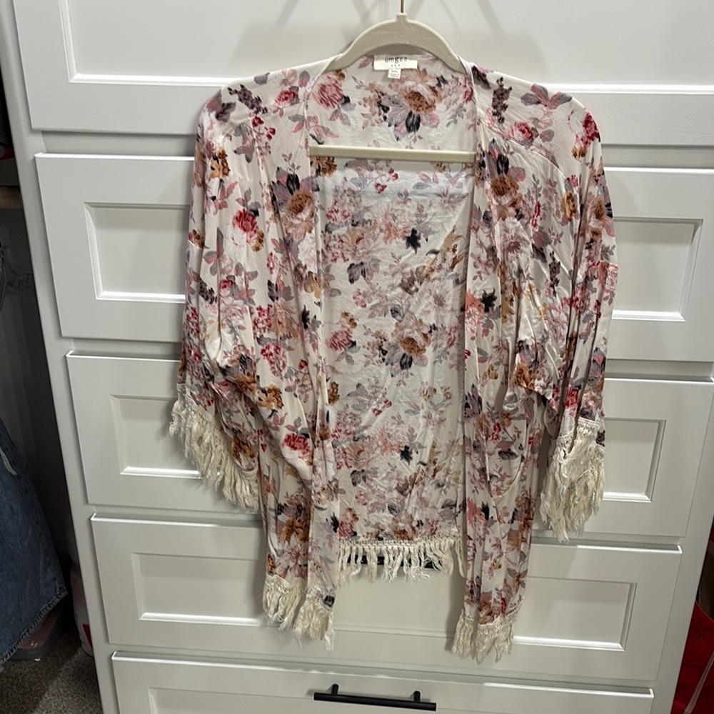 Umgee Floral Print Kimono with Fringe